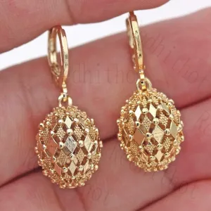 Inlaid Carved Gold Drop Earrings Diamond Hollow Ball Women Jewelry