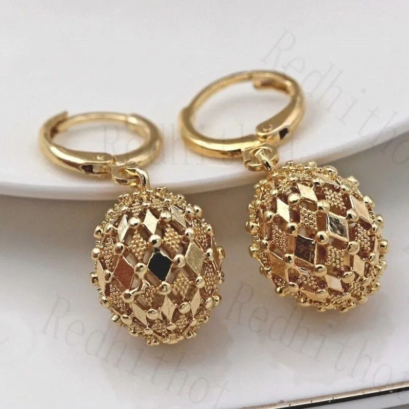 Inlaid Carved Gold Drop Earrings Diamond Hollow Ball Women Jewelry