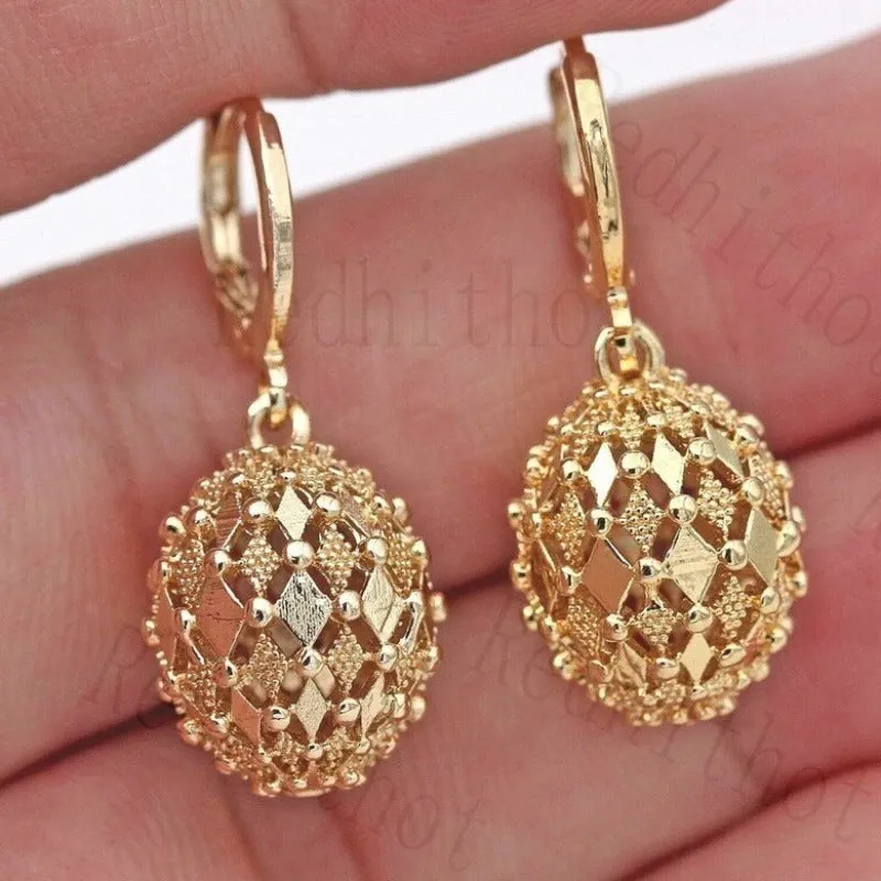Inlaid Carved Gold Drop Earrings Diamond Hollow Ball Women Jewelry
