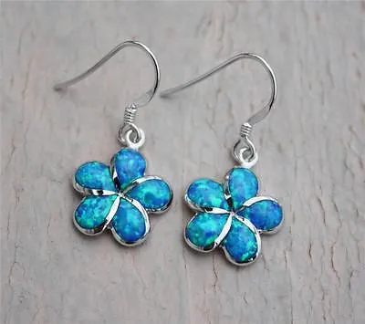 INLAY OPAL 15MM HAWAIIAN PLUMERIA FLOWER EARRINGS WIRE