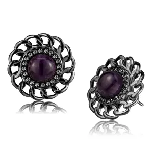 IP Light Black Stainless Steel Earrings with Amethyst Crystal - Semi-Precious Studs for Women