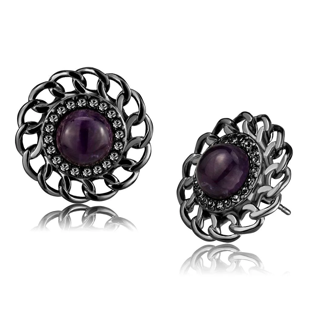 IP Light Black Stainless Steel Earrings with Amethyst Crystal - Semi-Precious Studs for Women