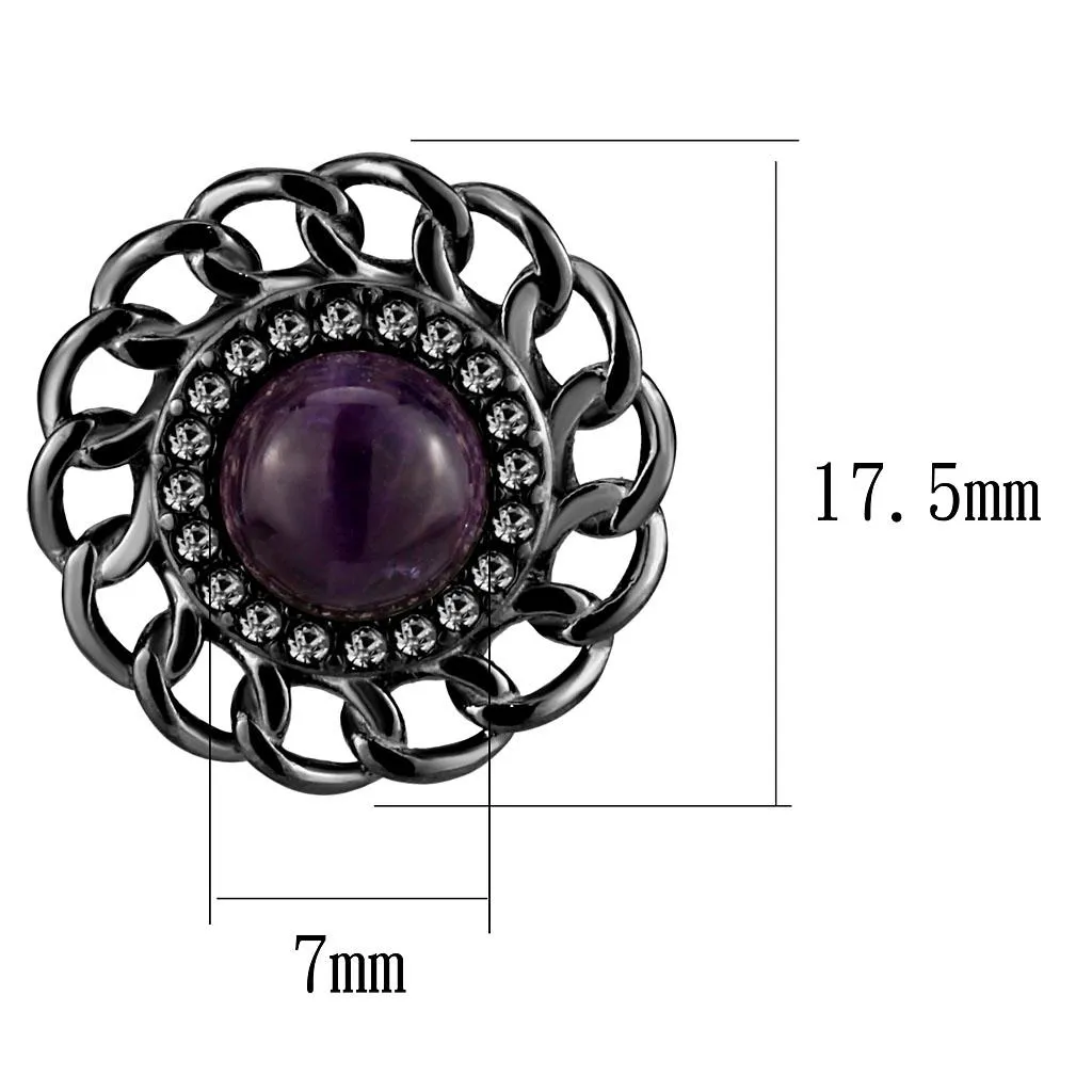 IP Light Black Stainless Steel Earrings with Amethyst Crystal - Semi-Precious Studs for Women