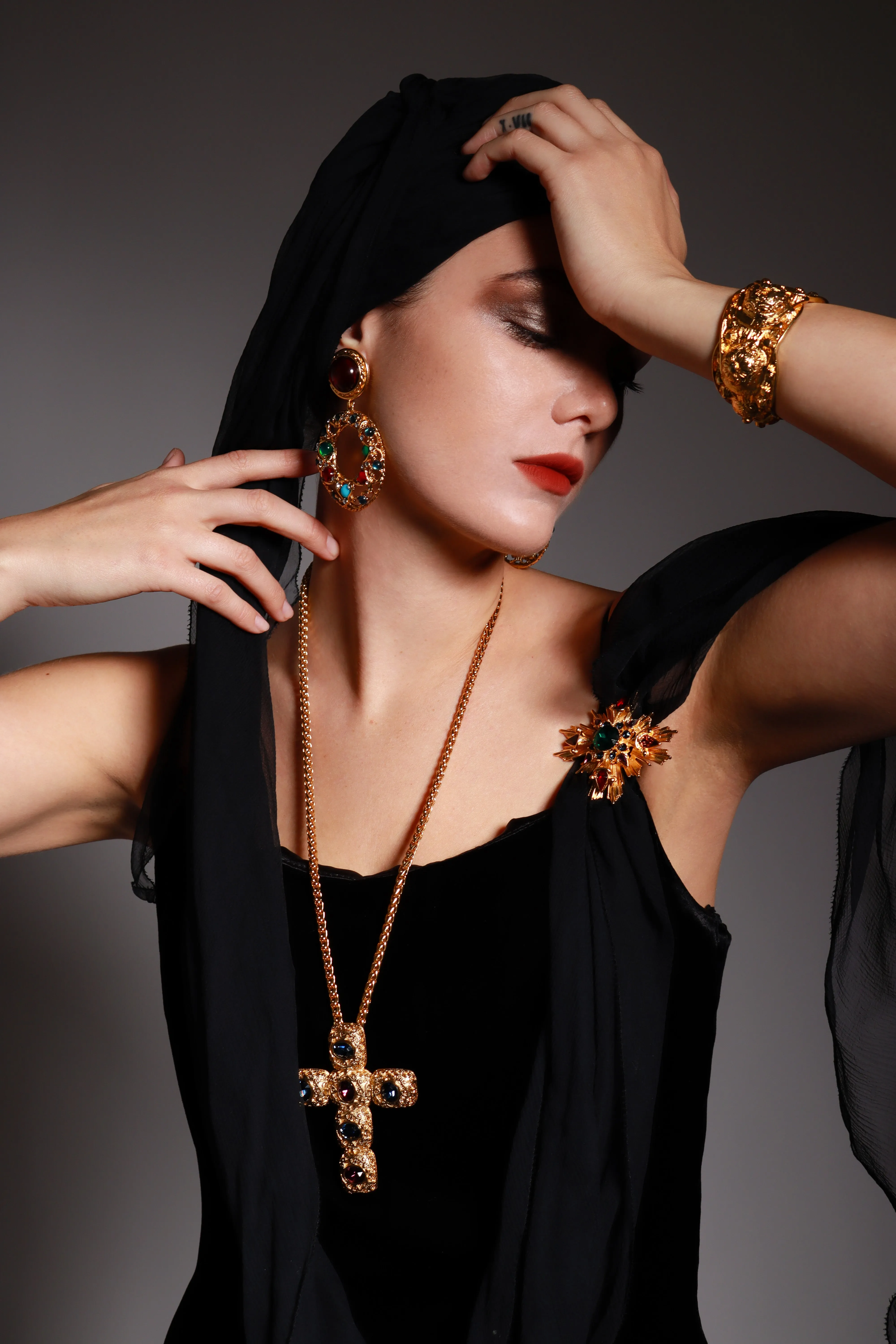 Jeweled Gripoix Hoop Drop Earrings