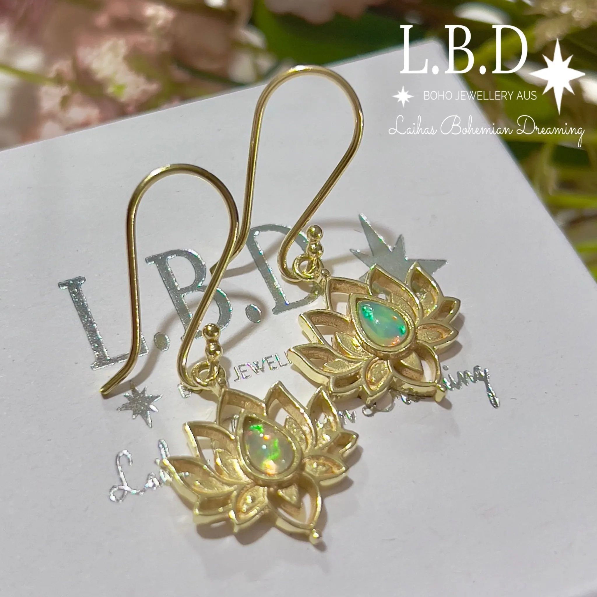 Laihas Opulent Lotus Flower Gold Opal Earrings