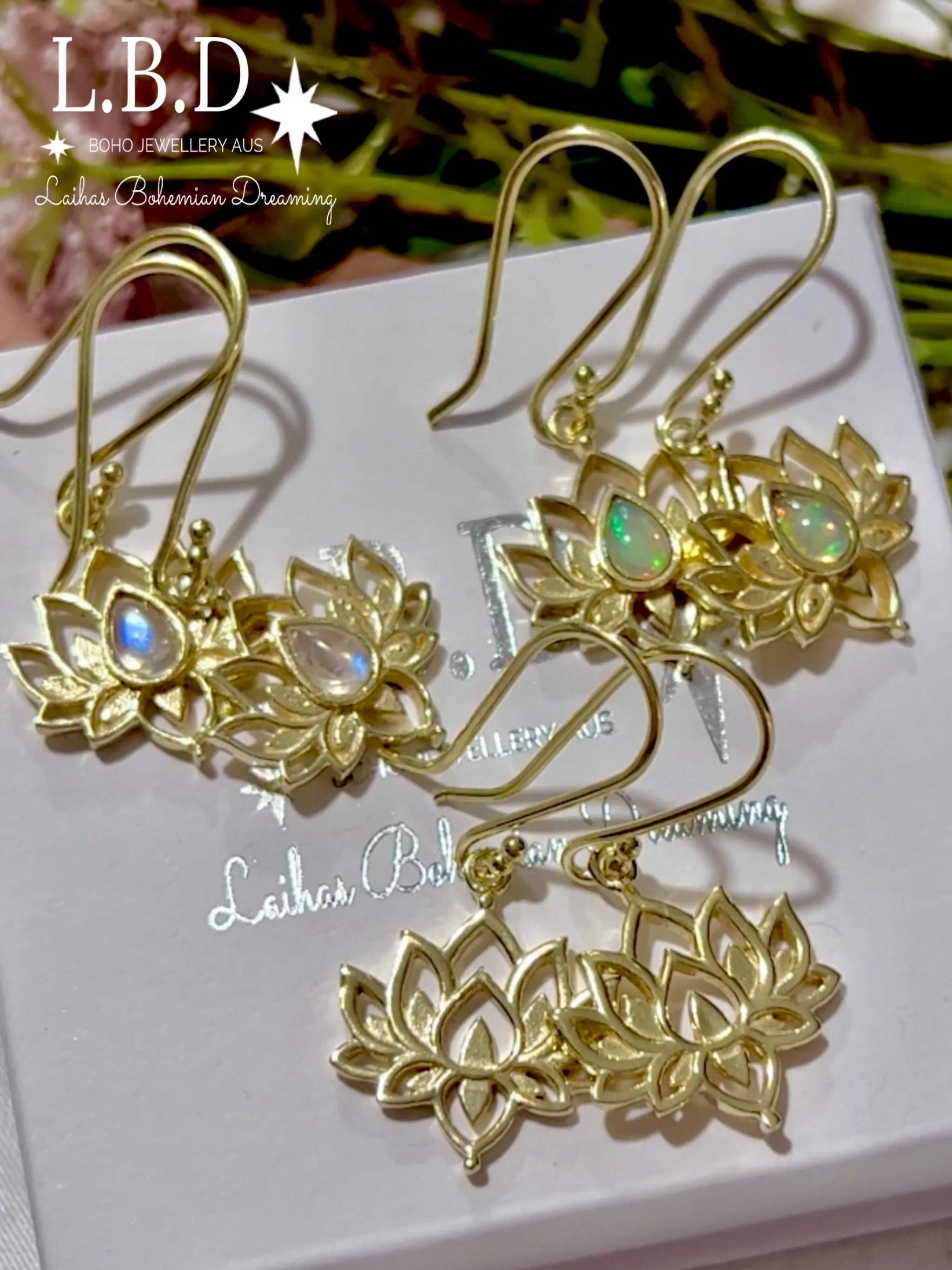 Laihas Opulent Lotus Flower Gold Opal Earrings