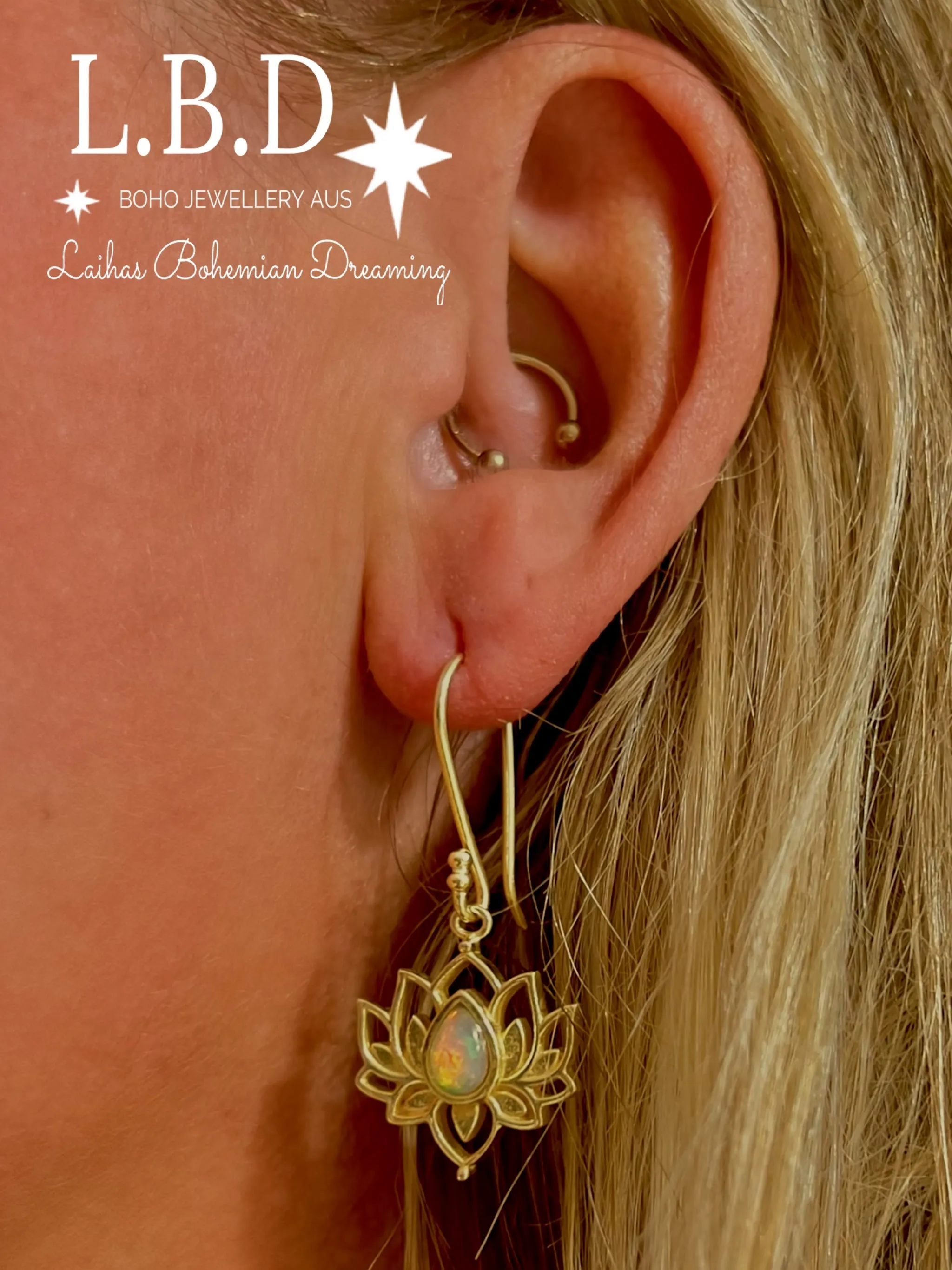 Laihas Opulent Lotus Flower Gold Opal Earrings
