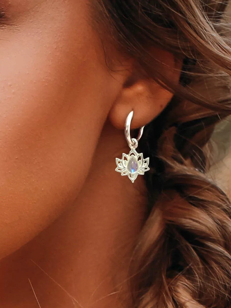 Laihas Opulent Lotus Flower Moonstone Hoop Earrings
