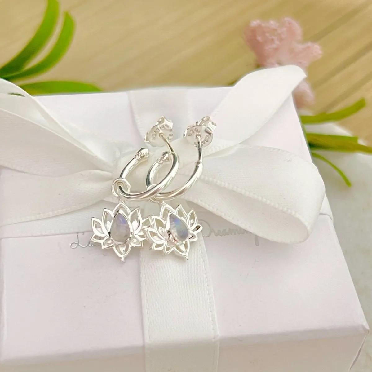 Laihas Opulent Lotus Flower Moonstone Hoop Earrings