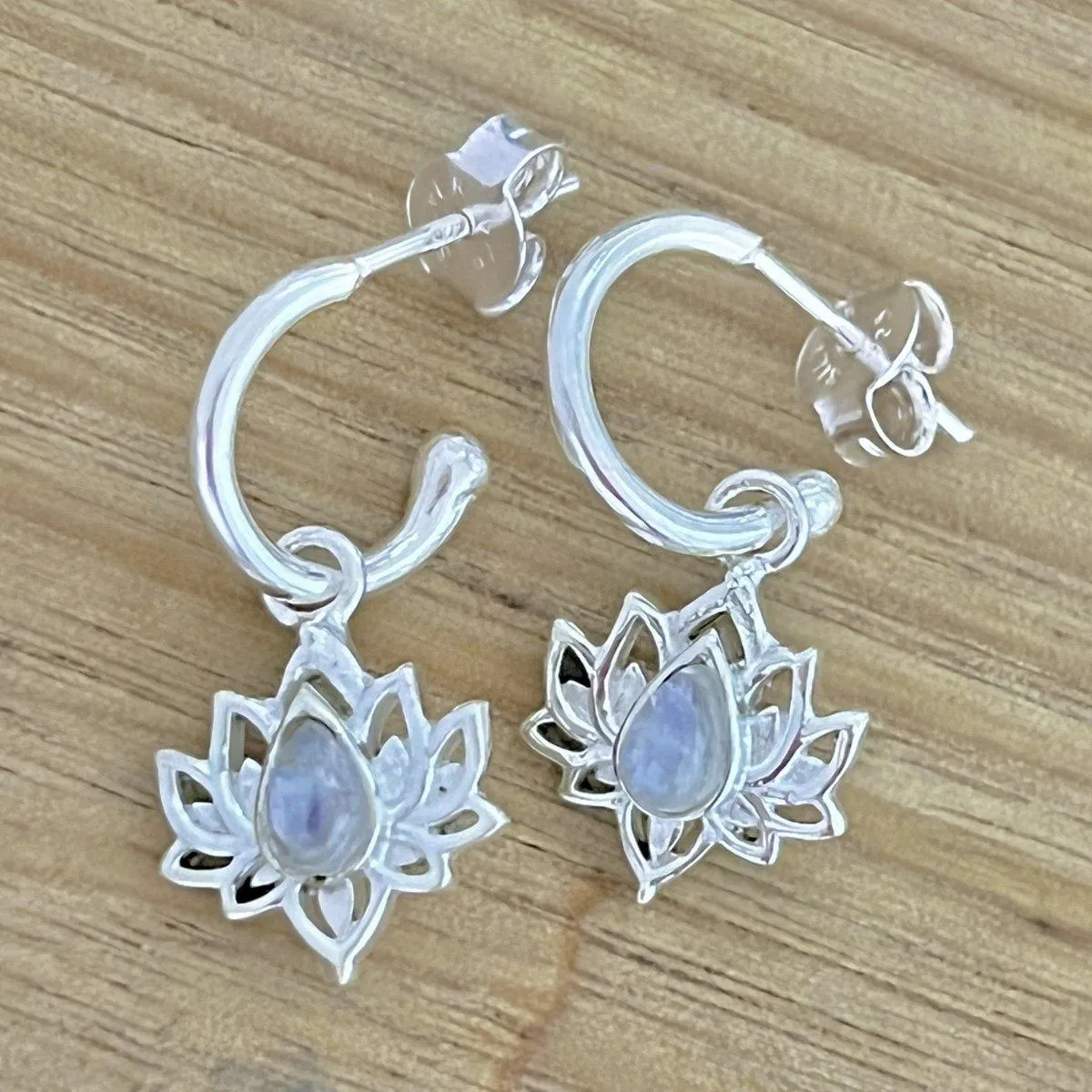 Laihas Opulent Lotus Flower Moonstone Hoop Earrings
