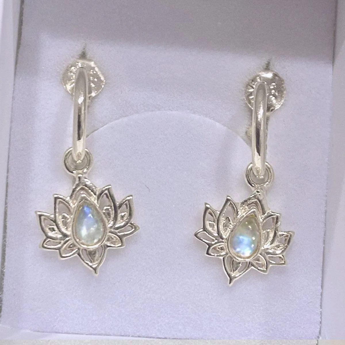 Laihas Opulent Lotus Flower Moonstone Hoop Earrings