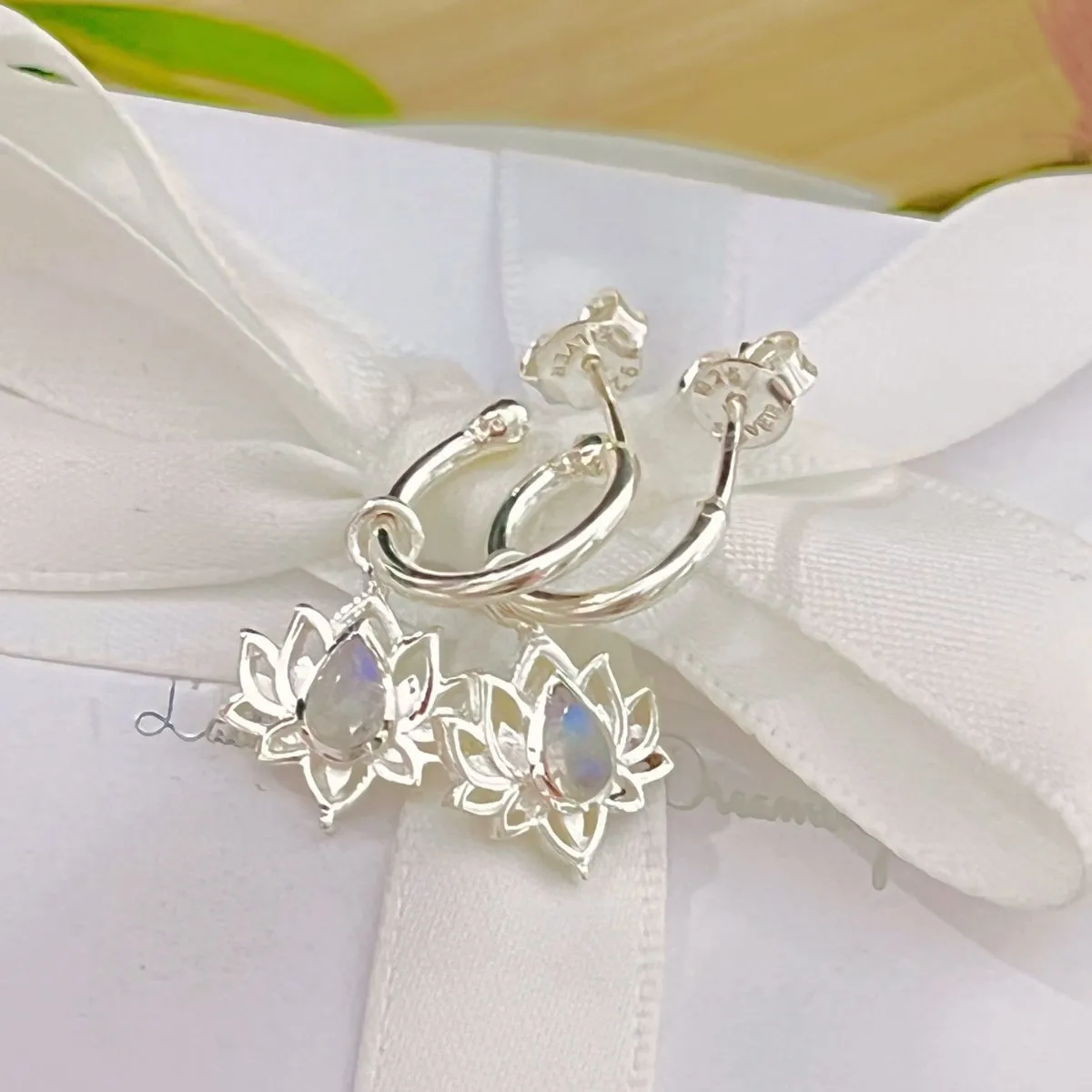 Laihas Opulent Lotus Flower Moonstone Hoop Earrings