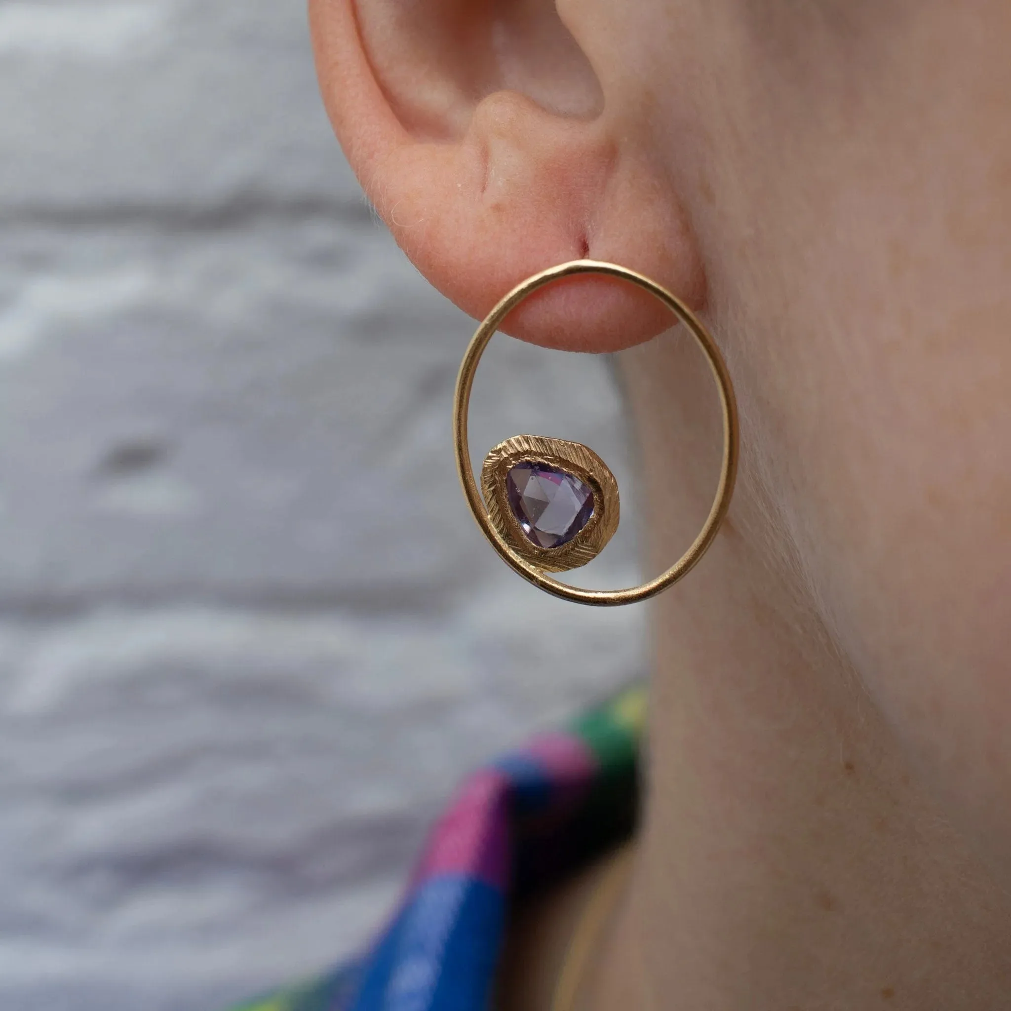 Large Open Oval Hoop Gold Post Earrings - Pink Sapphire