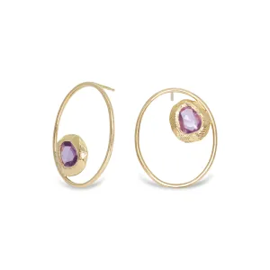 Large Open Oval Hoop Gold Post Earrings - Pink Sapphire