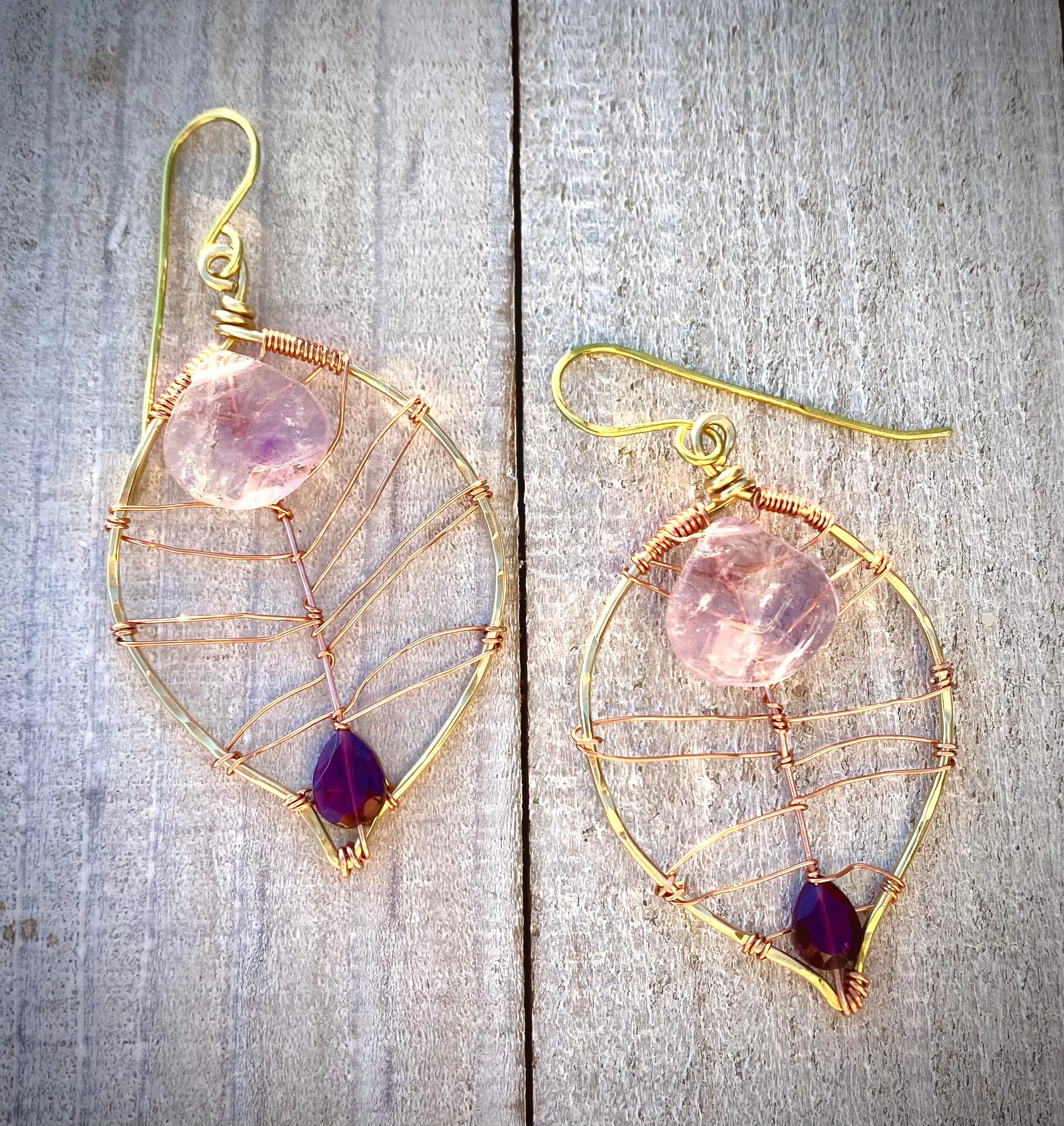 Lavender Amethyst & Rhodolite Garnet Leaf Earrings | Handcrafted Copper & Brass