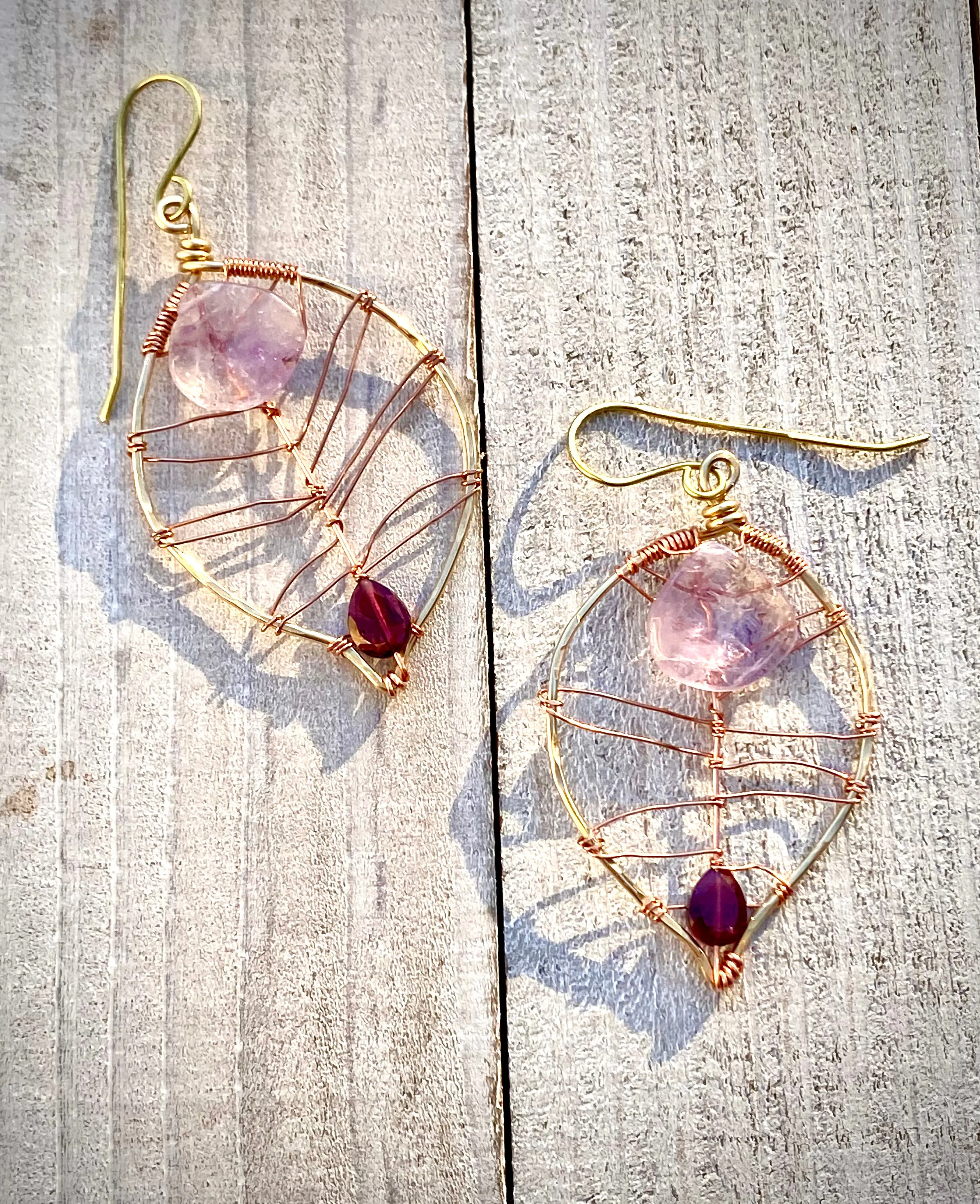Lavender Amethyst & Rhodolite Garnet Leaf Earrings | Handcrafted Copper & Brass