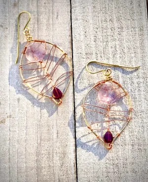 Lavender Amethyst & Rhodolite Garnet Leaf Earrings | Handcrafted Copper & Brass