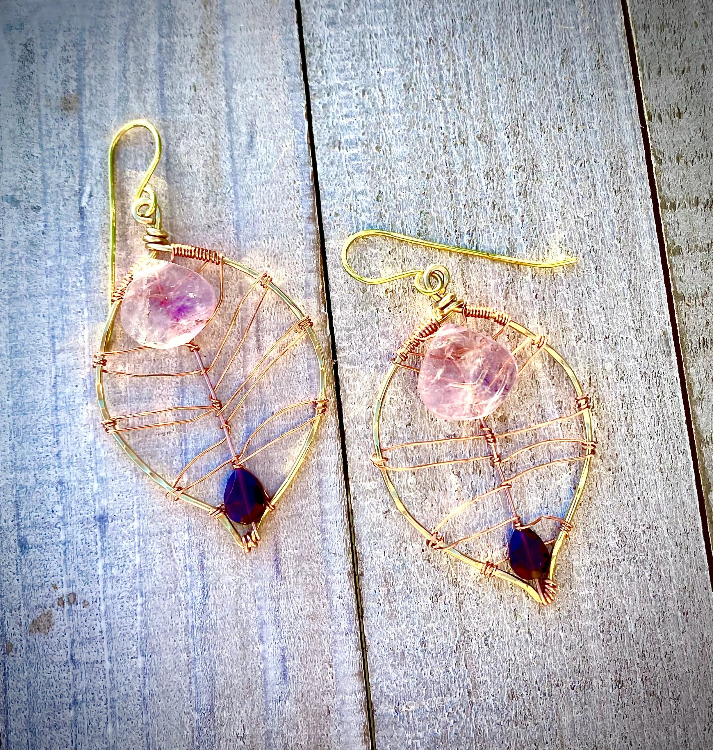 Lavender Amethyst & Rhodolite Garnet Leaf Earrings | Handcrafted Copper & Brass