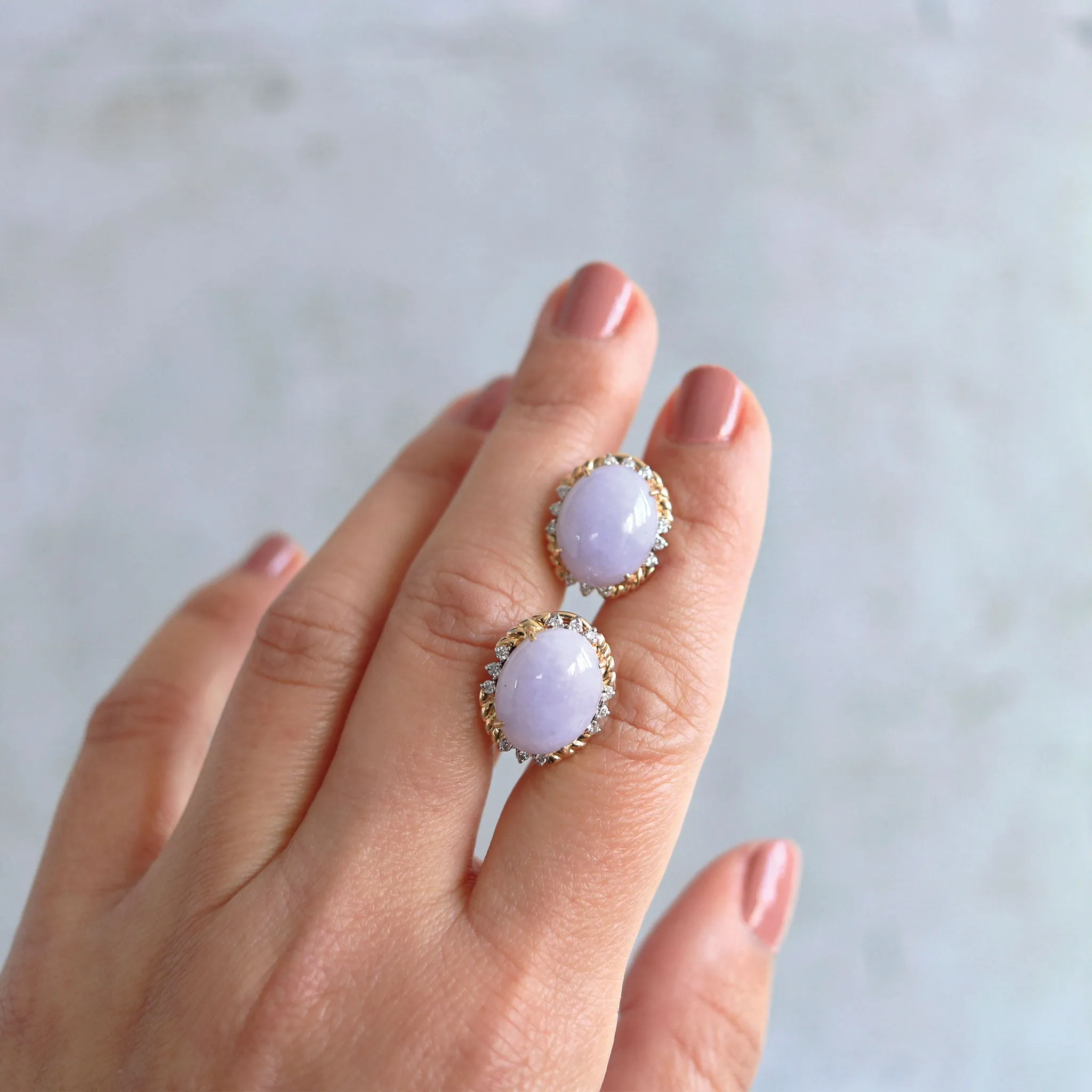 Lavender Jade & Diamond Gold Rope Earrings