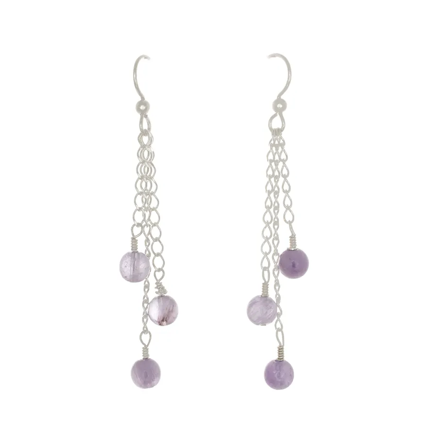 Light Amethyst 3-Bead Earrings on Sterling Silver Chain