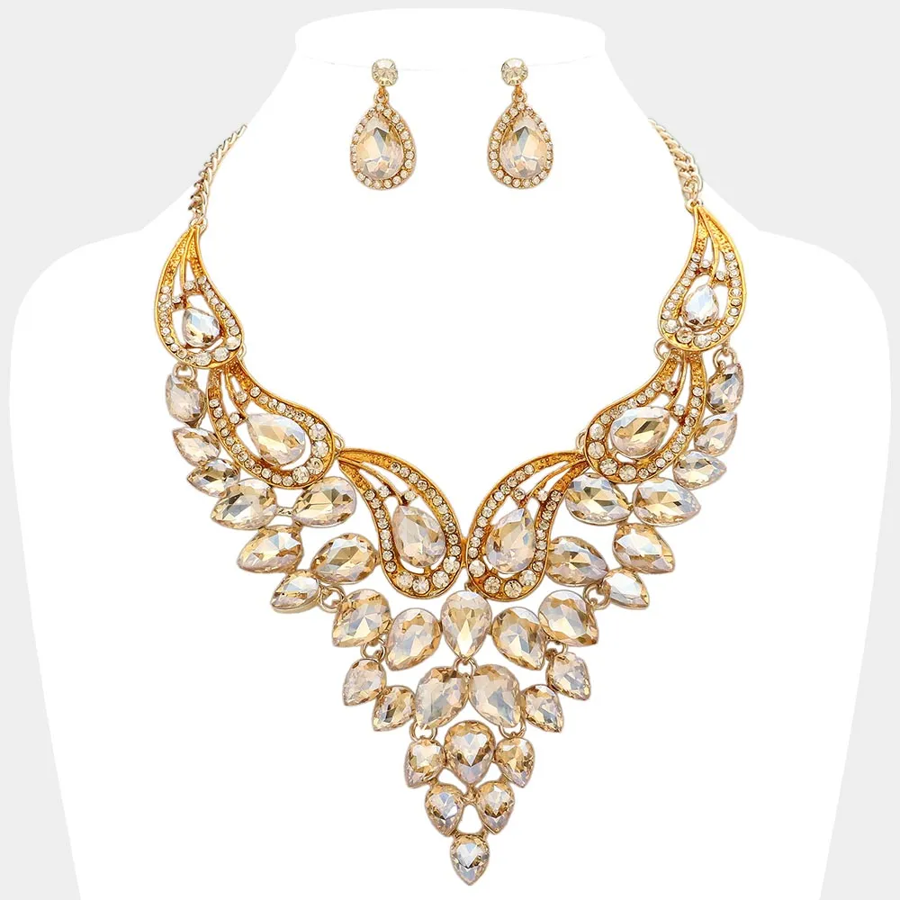 Light Topaz Teardrop Stone Evening Necklace Set  | Crystal Statement Necklace Set |  641542