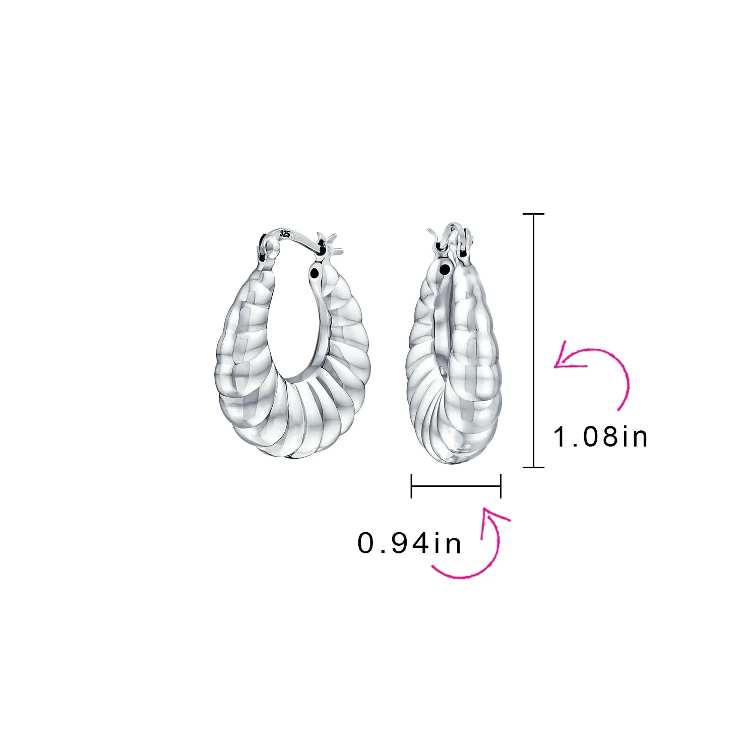 Lightweight Ribbed Hoop Huggie Earrings Sterling Silver 1 Inch Oval Design