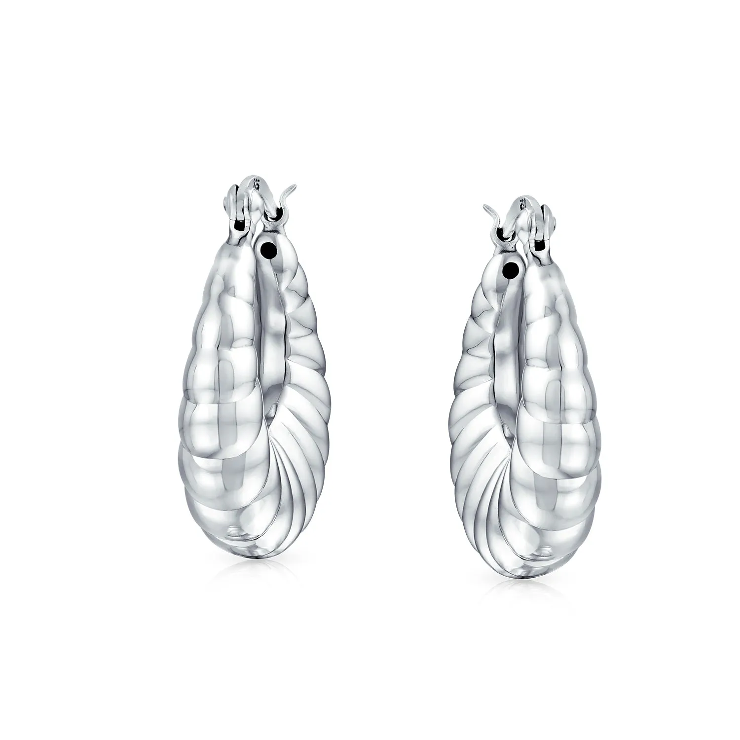 Lightweight Ribbed Hoop Huggie Earrings Sterling Silver 1 Inch Oval Design