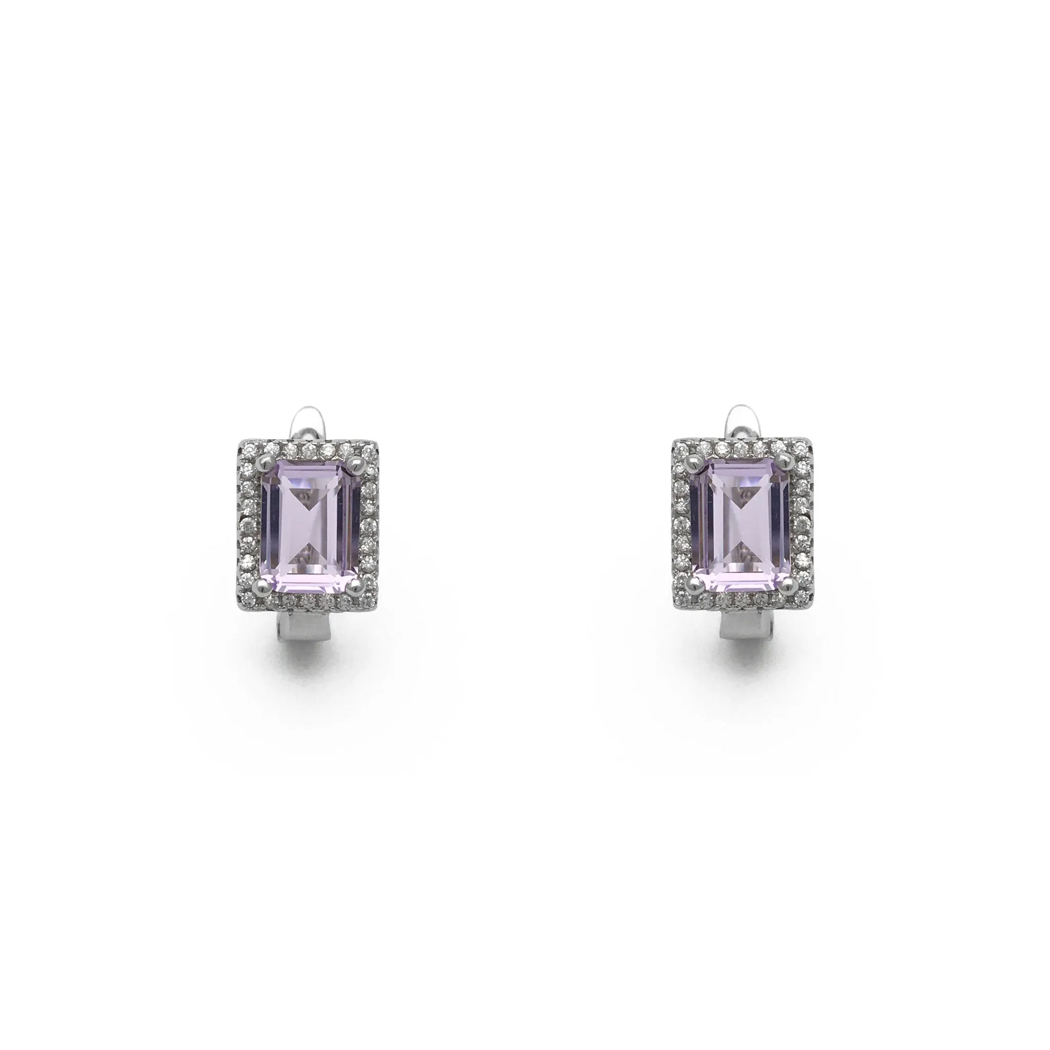 Lilac Emerald-Cut Halo Stud Earrings (Silver)
