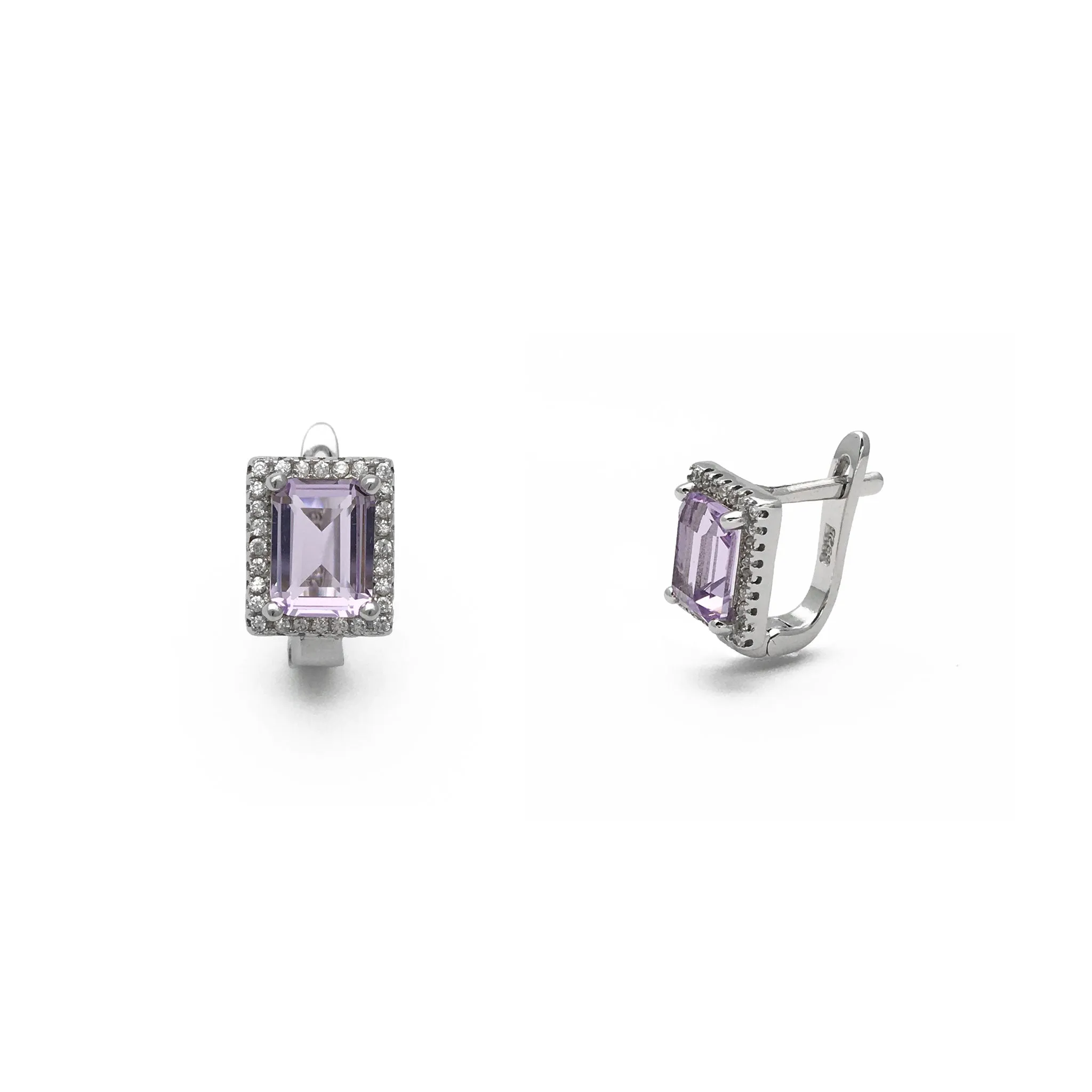 Lilac Emerald-Cut Halo Stud Earrings (Silver)