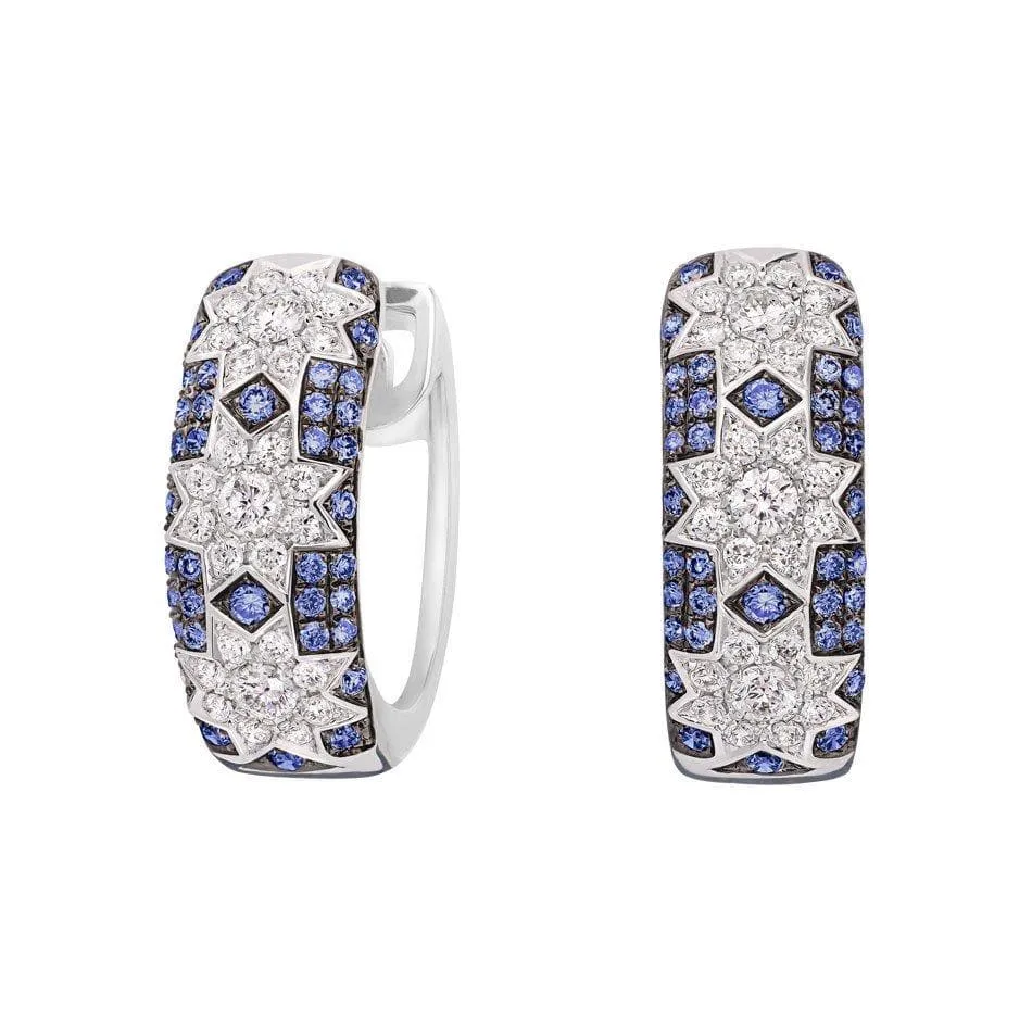 Long 3 Star Earrings Blue Sapphire in White Gold