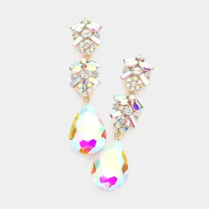 Long AB Multi Stone Dangle Pageant Earrings on Gold | Pageant Drop Earrings |  450042