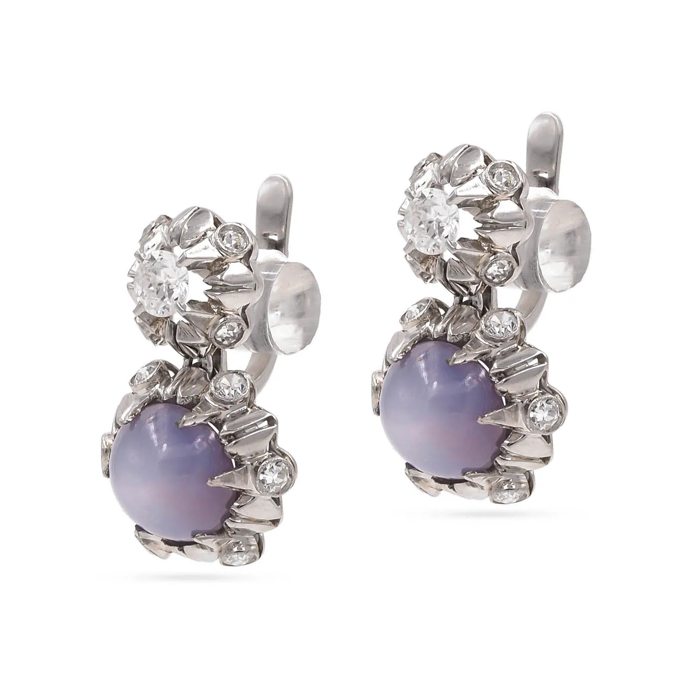 Mid-Century Star Sapphire & Diamond Drop Earrings