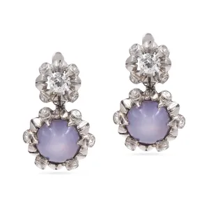 Mid-Century Star Sapphire & Diamond Drop Earrings