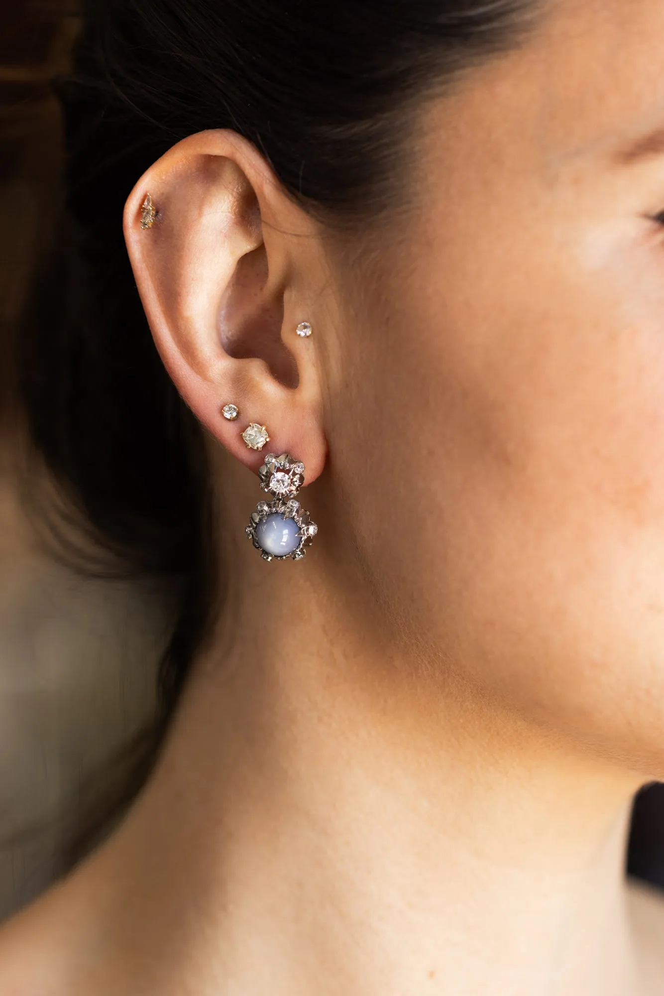 Mid-Century Star Sapphire & Diamond Drop Earrings
