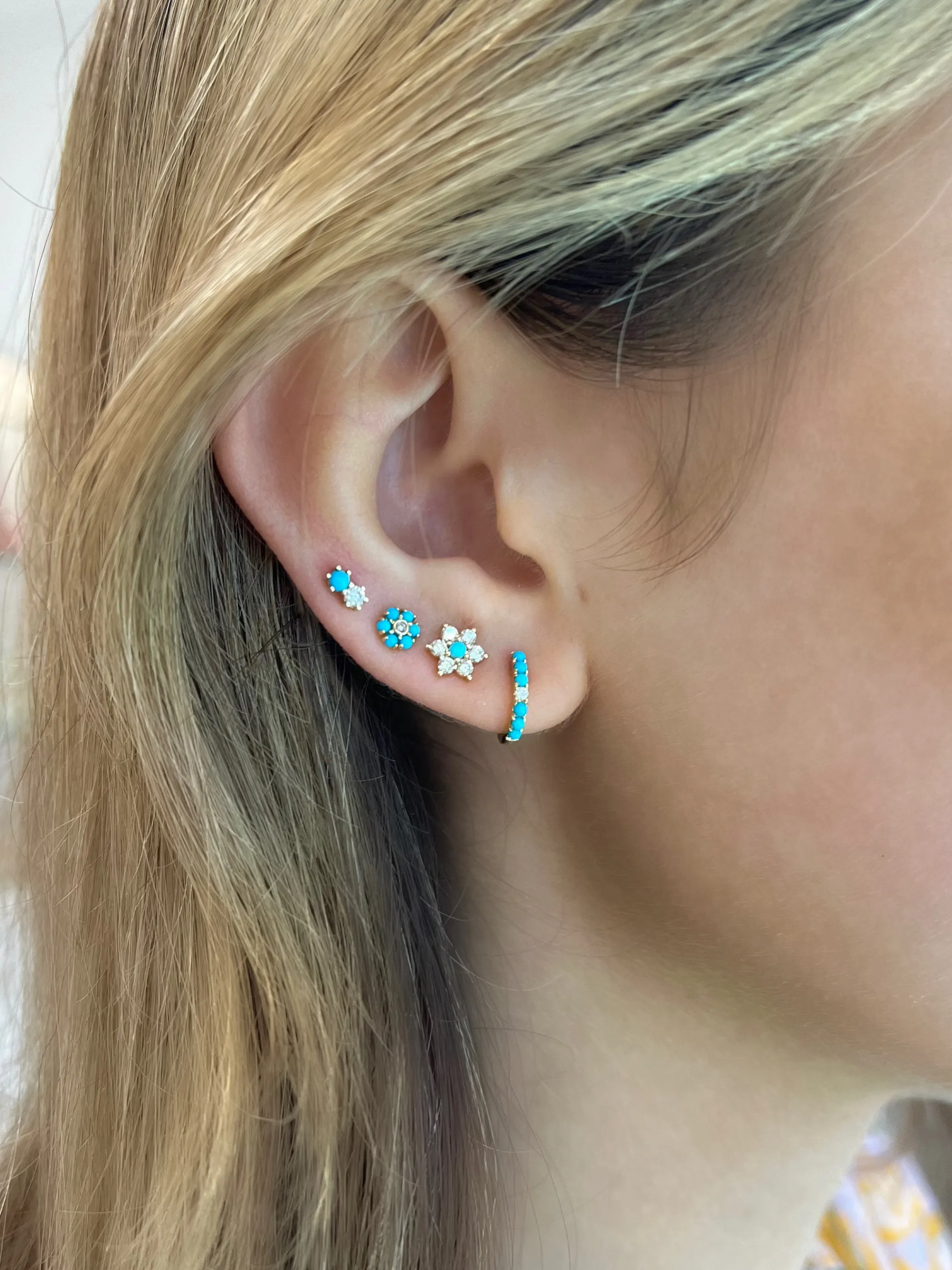 Mini Turquoise Flower Stud Earrings 14K