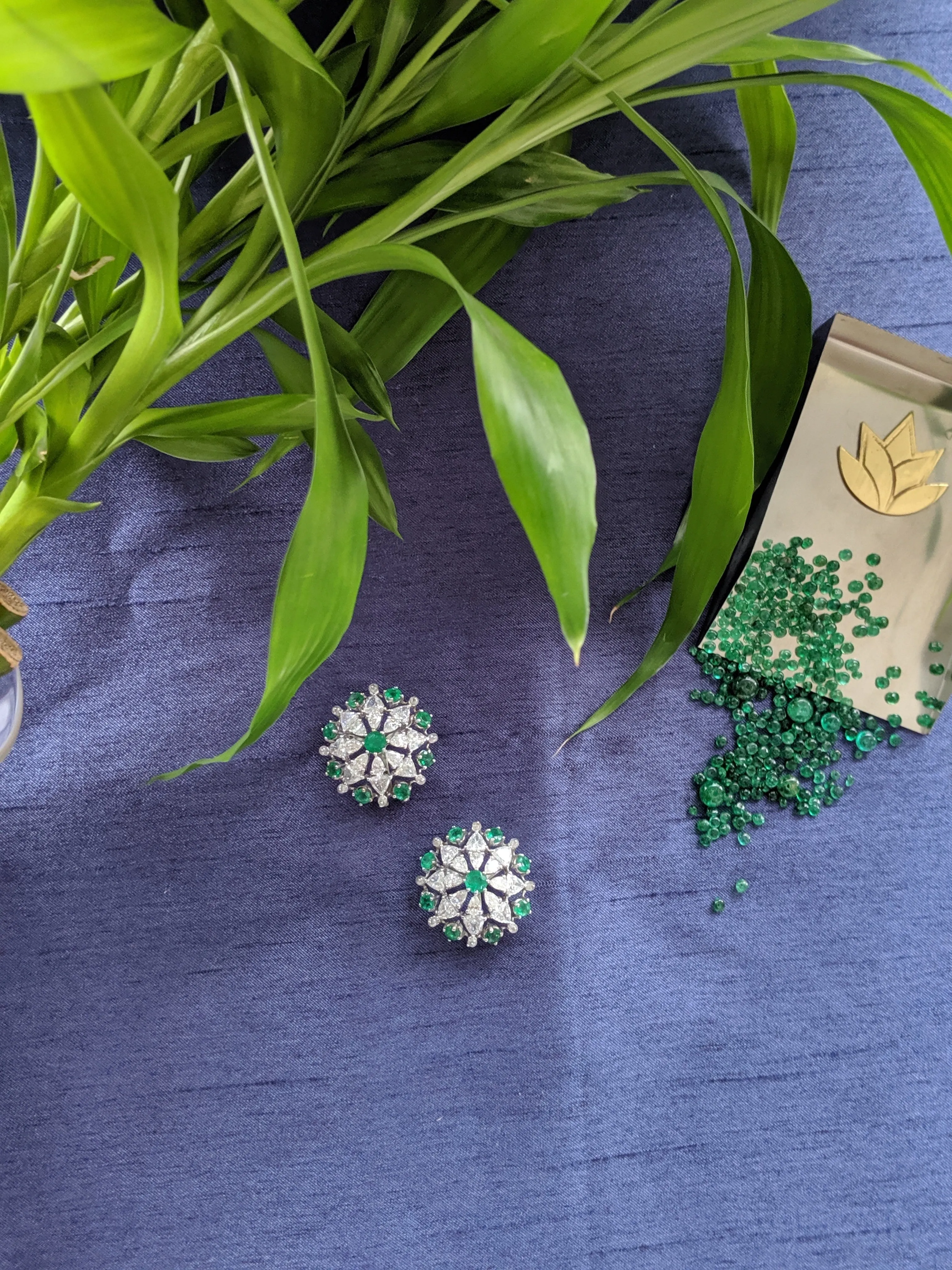 Modern Flower Diamond & Emerald Ear Studs