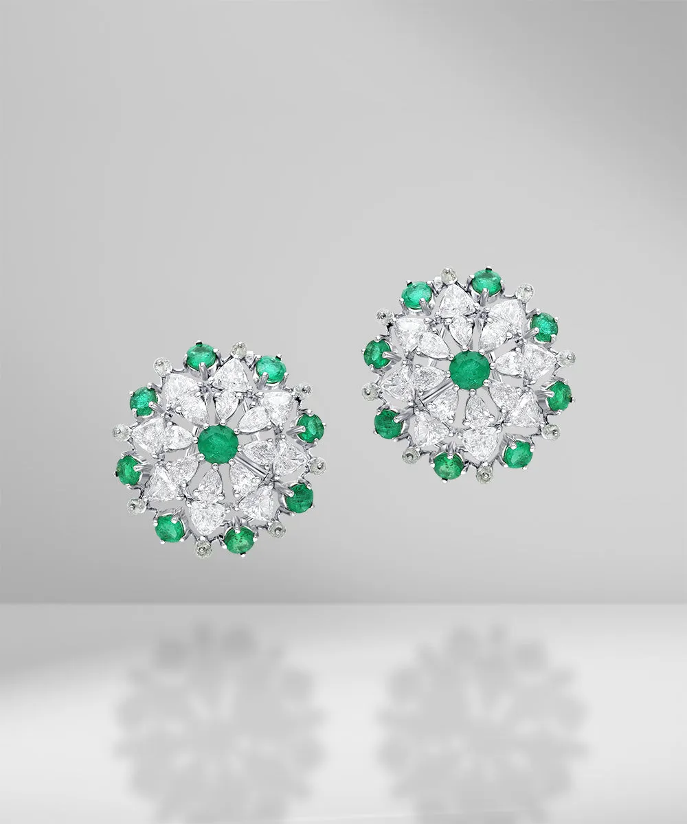 Modern Flower Diamond & Emerald Ear Studs