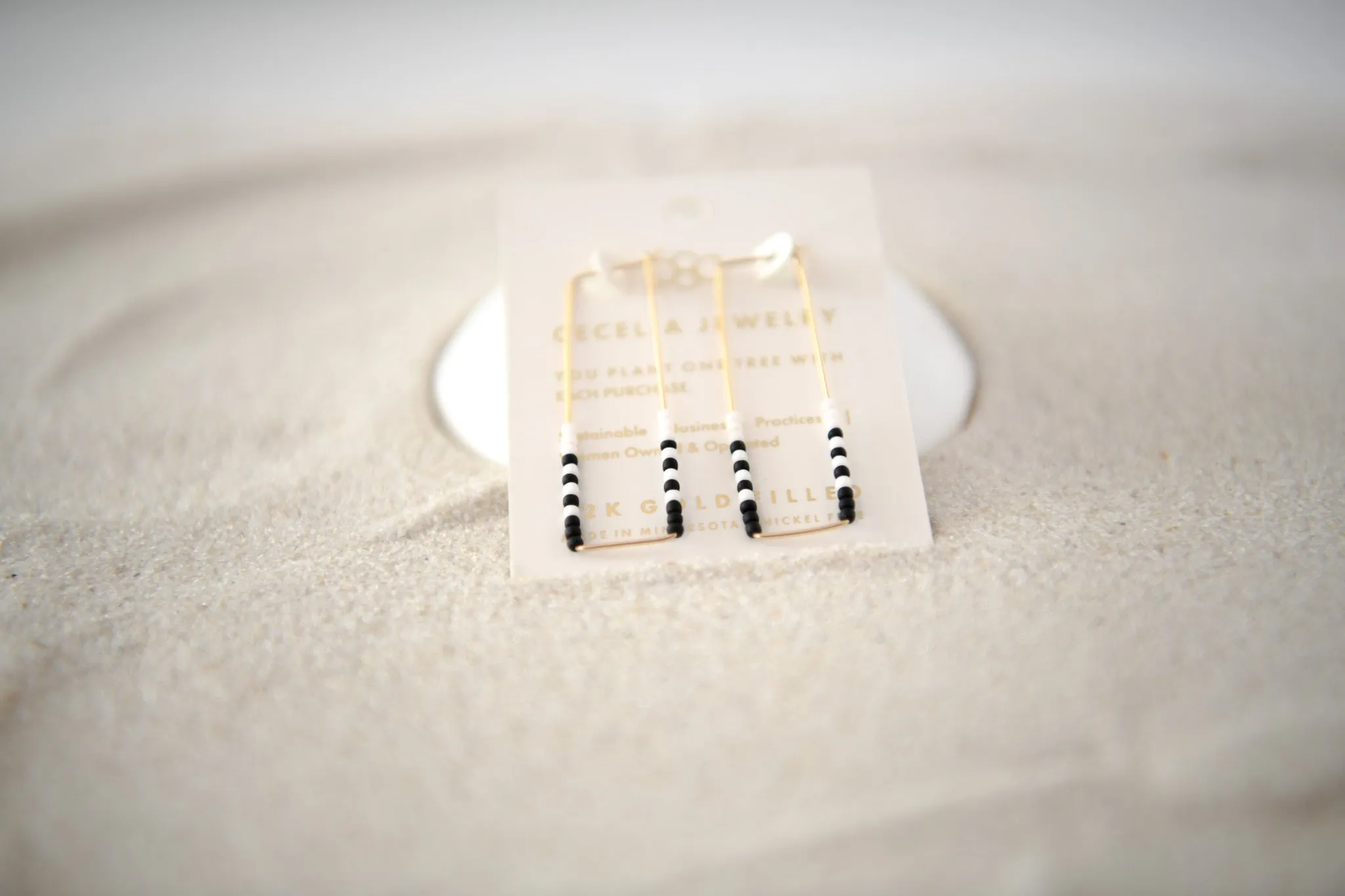 Modern Gold-Filled Rectangle Hoop Earrings with Seed Beads in Silver