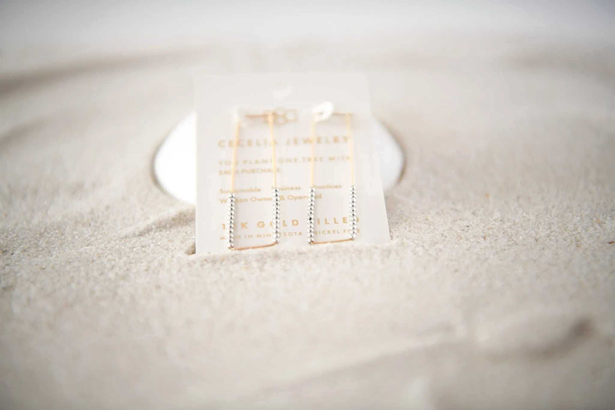 Modern Gold-Filled Rectangle Hoop Earrings with Seed Beads in Silver