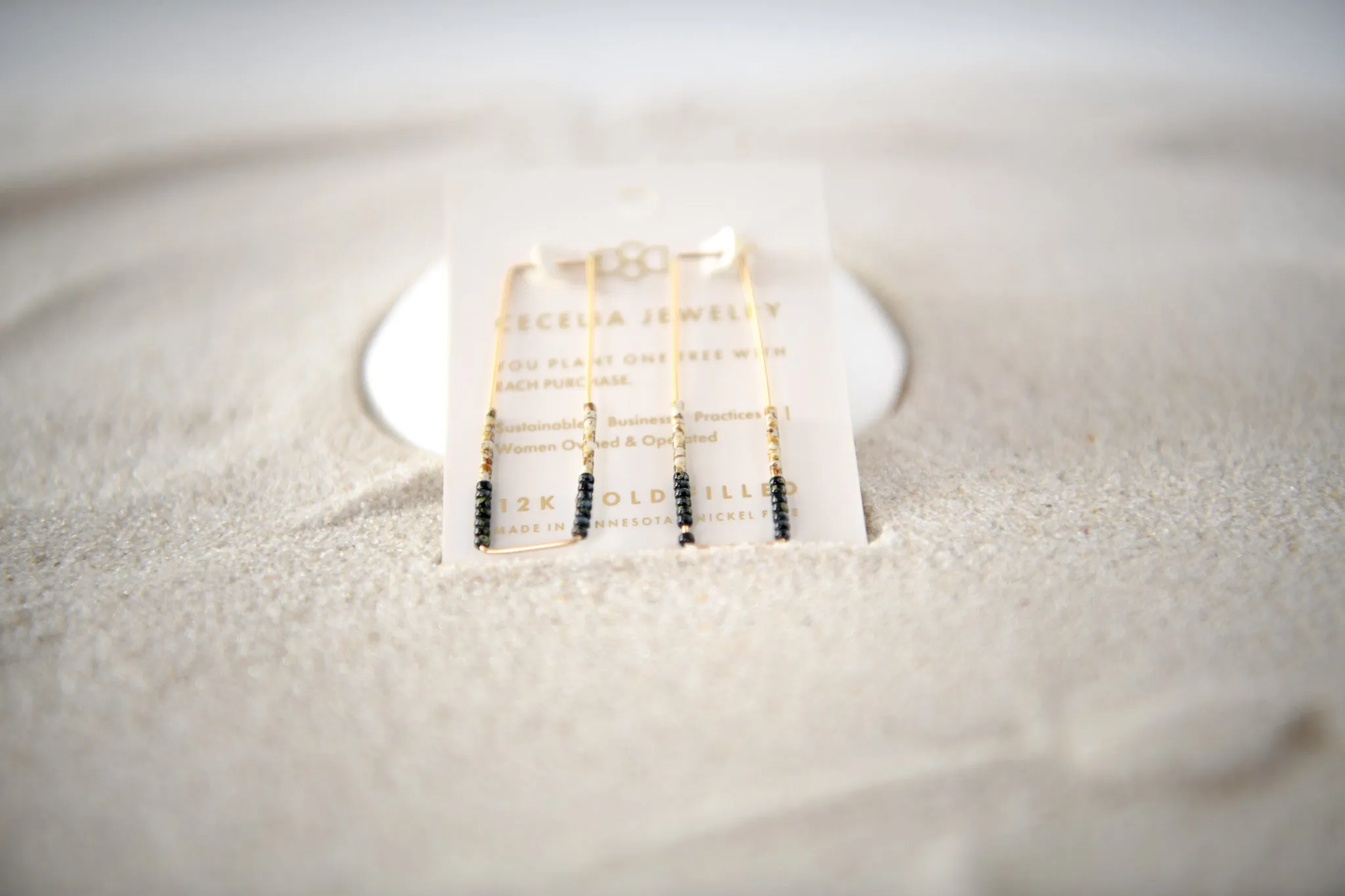 Modern Gold-Filled Rectangle Hoop Earrings with Seed Beads in Silver