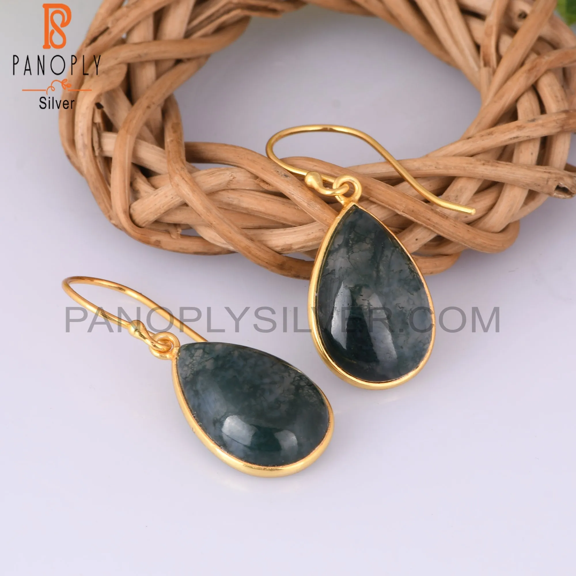 Moss Agate Pear Shape 925 Sterling Silver Gold Earrings