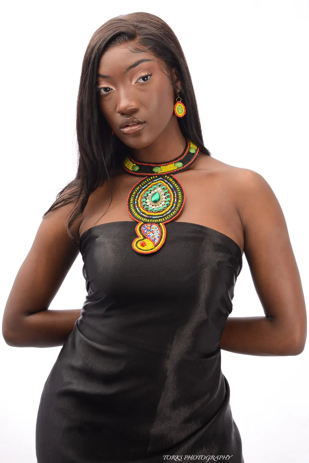 Multi Color Bead with Emerald Crystal Center Bib Necklace Set