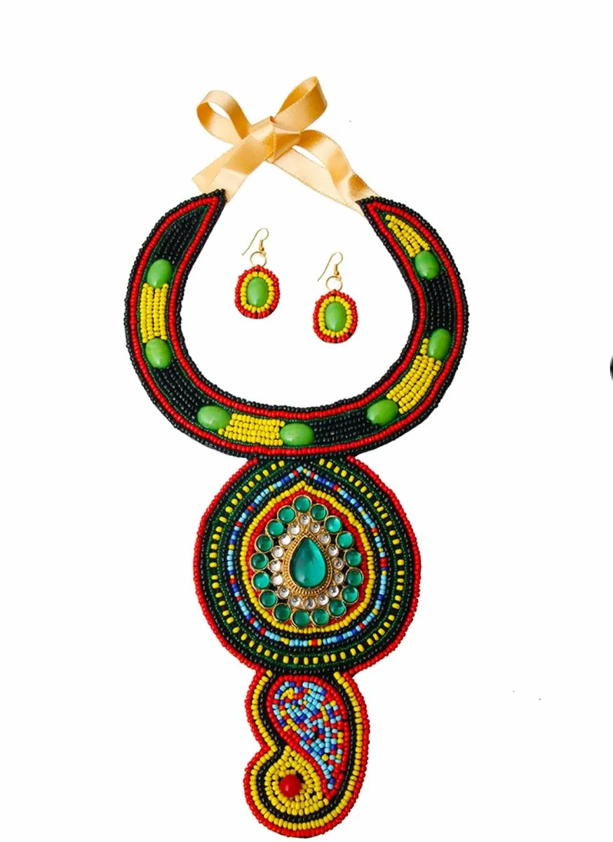 Multi Color Bead with Emerald Crystal Center Bib Necklace Set
