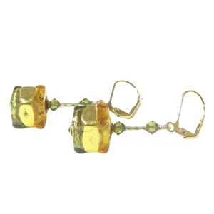 Murano Glass Topaz Olive Green Cube Gold Earrings