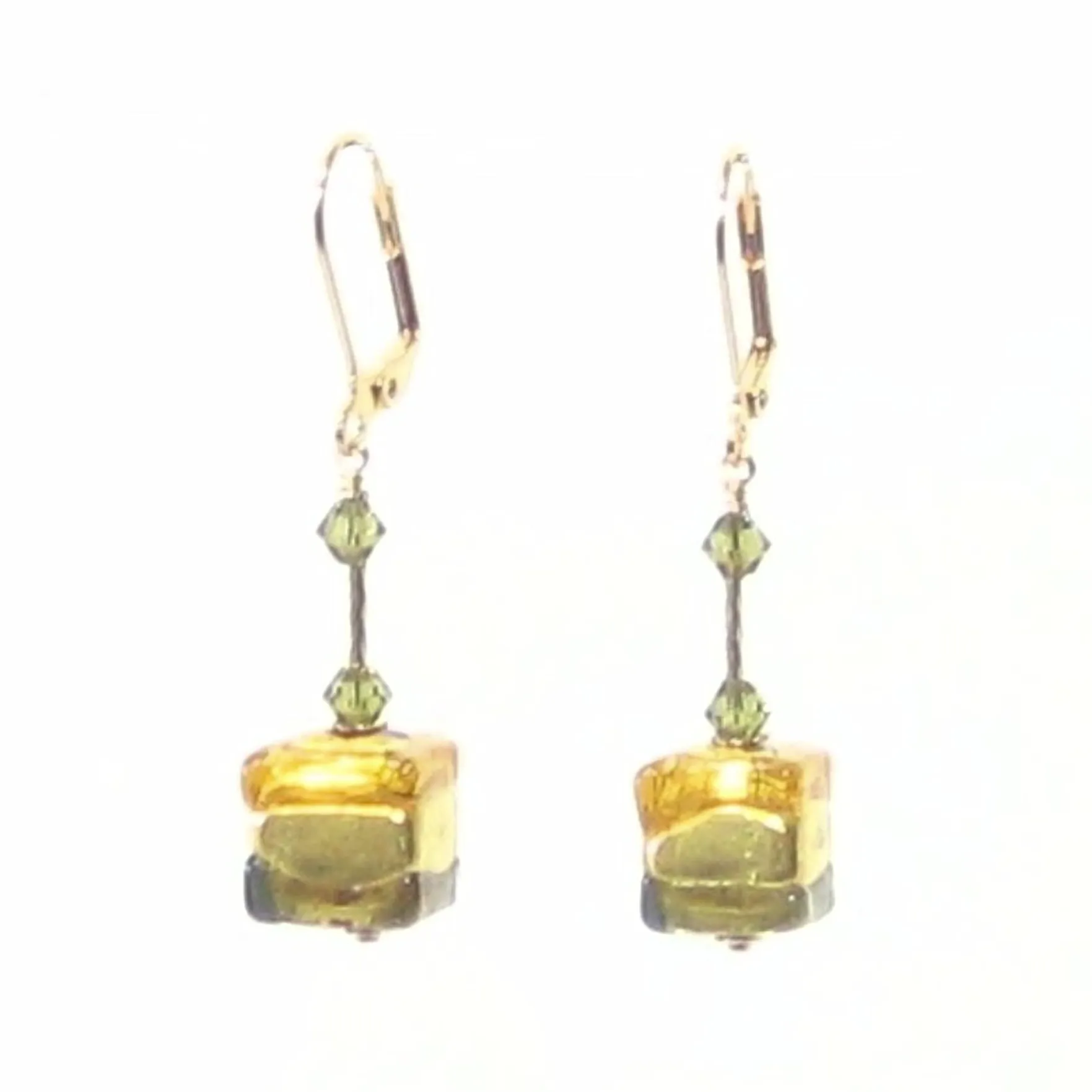 Murano Glass Topaz Olive Green Cube Gold Earrings