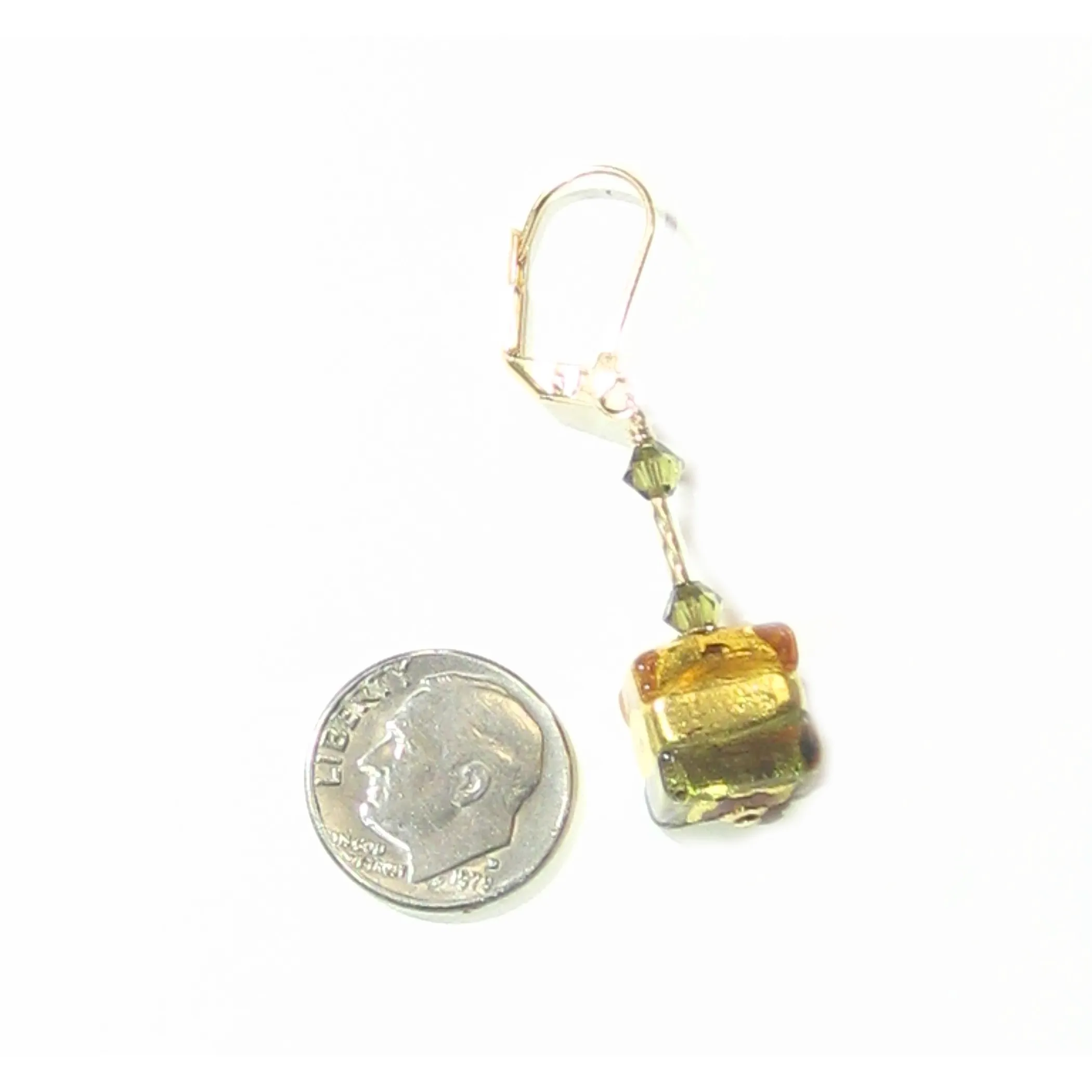 Murano Glass Topaz Olive Green Cube Gold Earrings