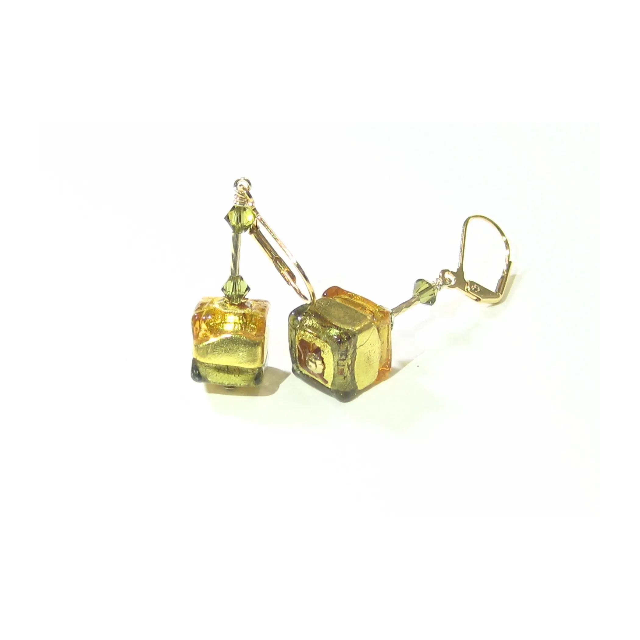 Murano Glass Topaz Olive Green Cube Gold Earrings