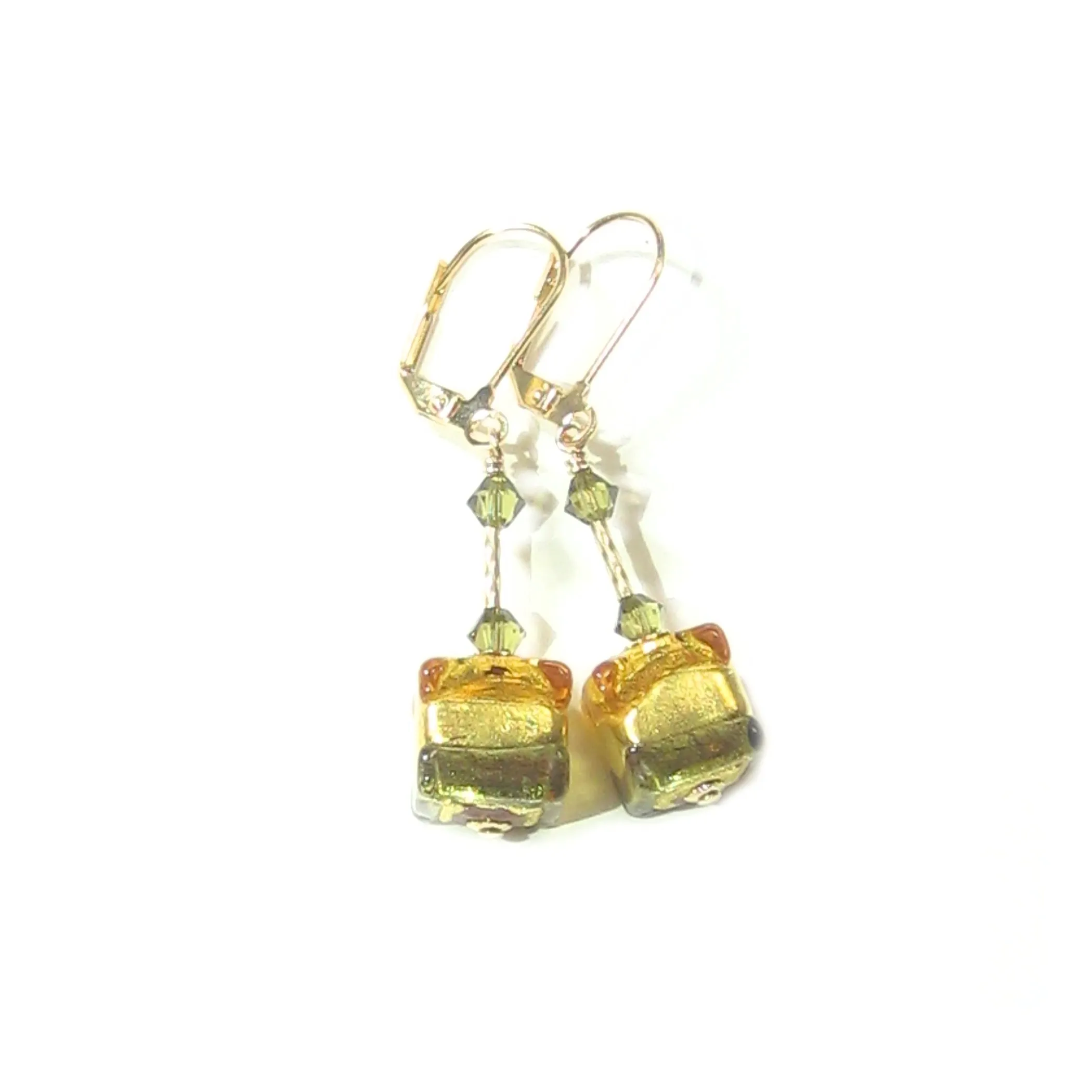 Murano Glass Topaz Olive Green Cube Gold Earrings