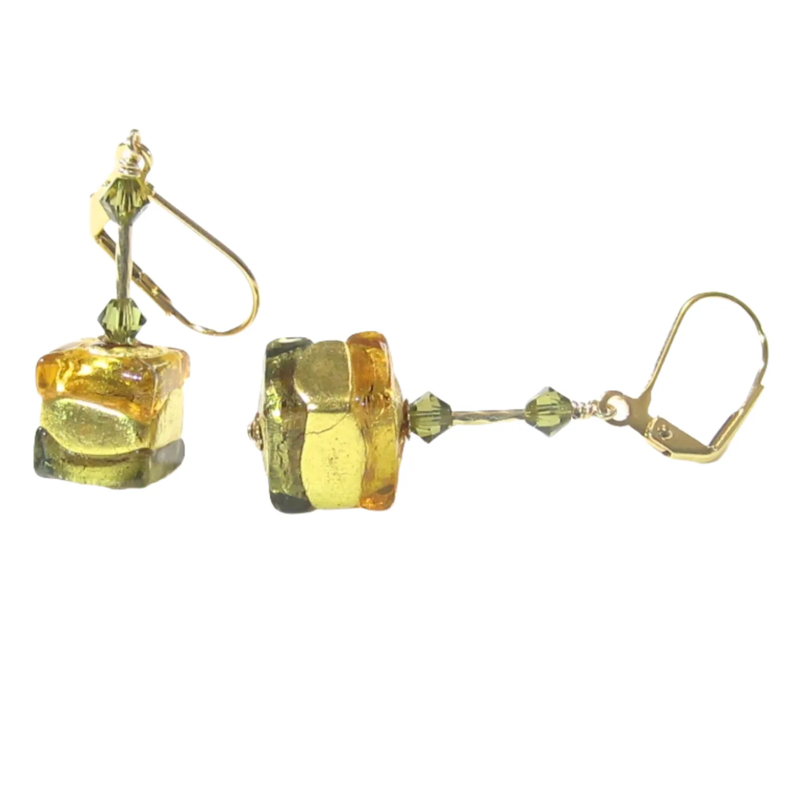 Murano Glass Topaz Olive Green Cube Gold Earrings