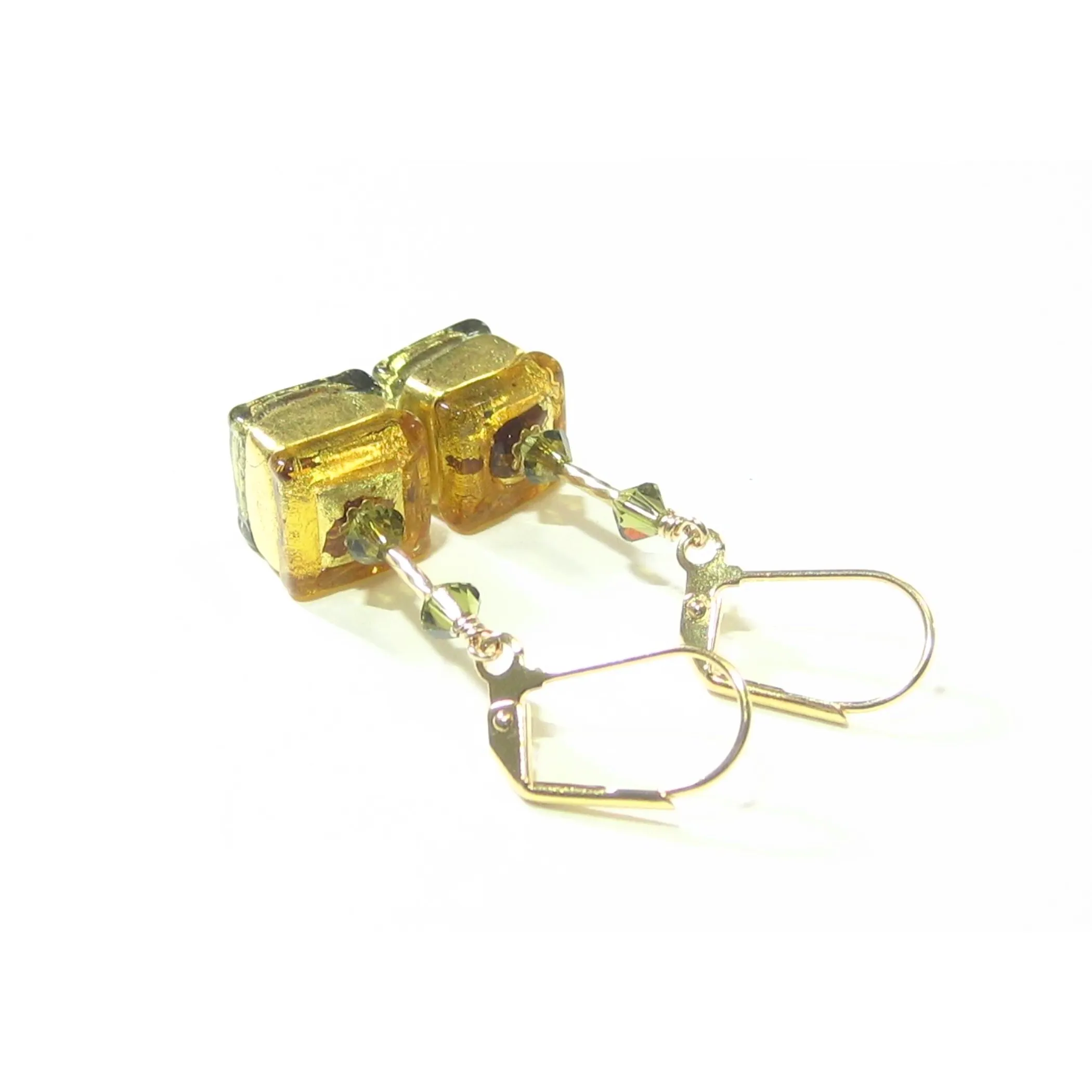 Murano Glass Topaz Olive Green Cube Gold Earrings